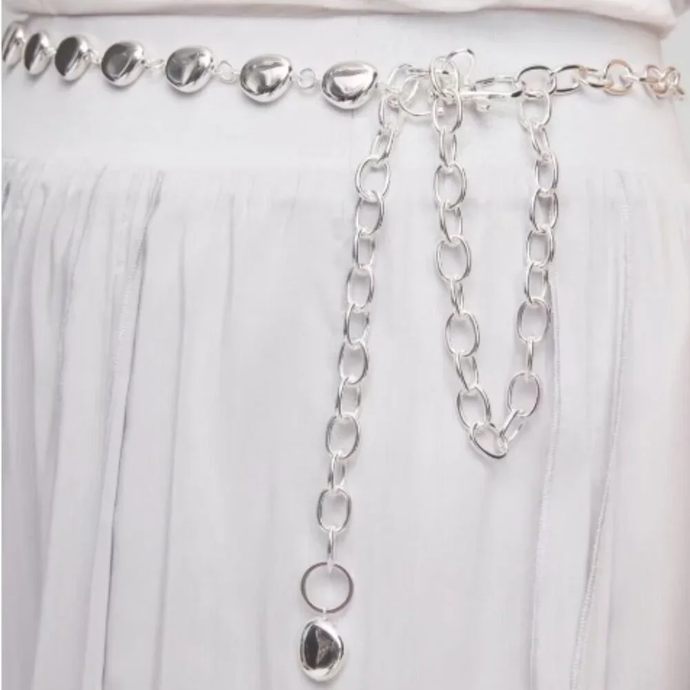 Chico’s Silvertone Pebble Chain Belt – One Size – NWT